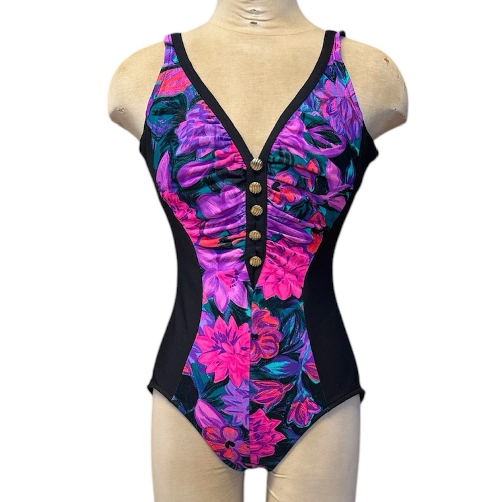 Slimsuit Vintage Swimsuit Floral One Piece Gold Button USA 12 14 - Picture 1 of 7